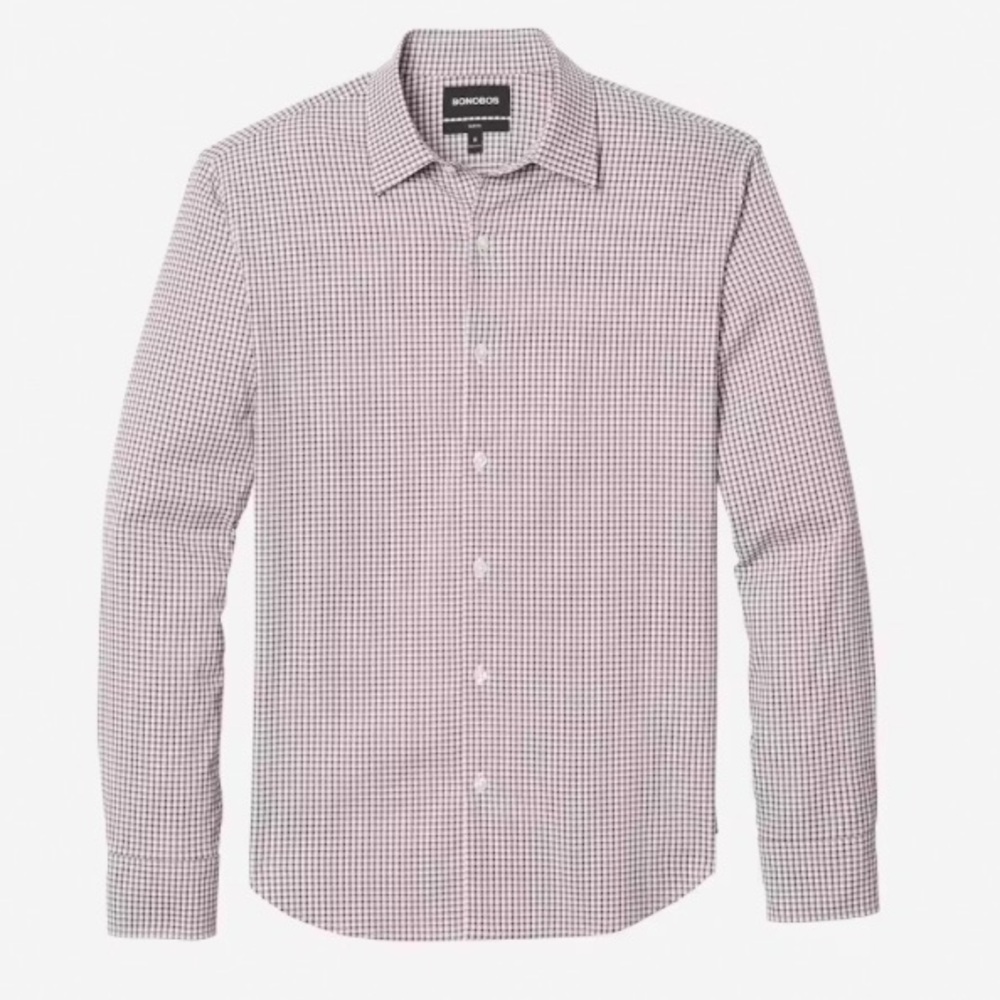 Bonobos Men's Pink Blue Plaid Tailored Fit Spread Collar Dress Shirt sz 17 x 34